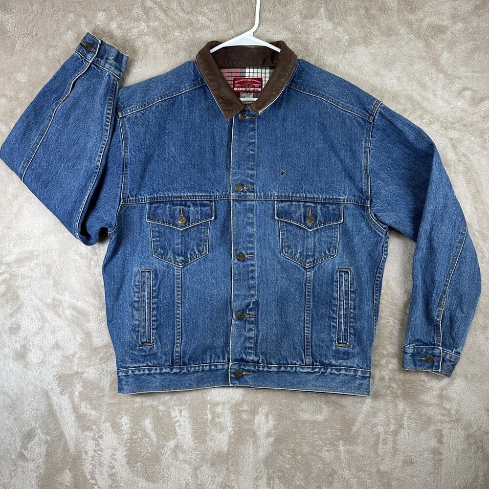 Vintage Marlboro Country Store Jacket Mens Large Blue Denim Leather Collar